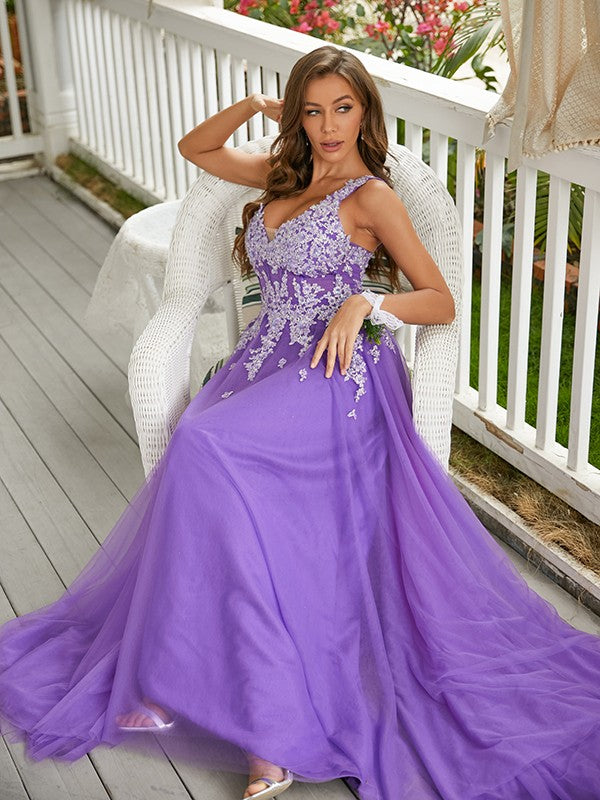 A-Line/Princess Tulle Applique V-neck Sleeveless Sweep/Brush Train Dresses Prom Evening Dress