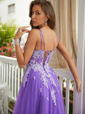 A-Line/Princess Tulle Applique V-neck Sleeveless Sweep/Brush Train Dresses Prom Evening Dress