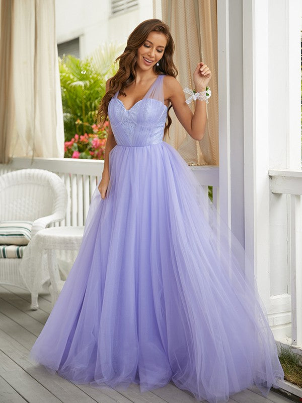 A-Line/Princess Tulle Lace Sweetheart Sleeveless Sweep/Brush Train Dresses Prom Evening Dress