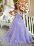 A-Line/Princess Tulle Lace Sweetheart Sleeveless Sweep/Brush Train Dresses Prom Evening Dress
