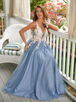 A-Line/Princess Tulle Applique V-neck Sleeveless Floor-Length Dresses Prom Evening Dress