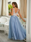 A-Line/Princess Tulle Applique V-neck Sleeveless Floor-Length Dresses Prom Evening Dress