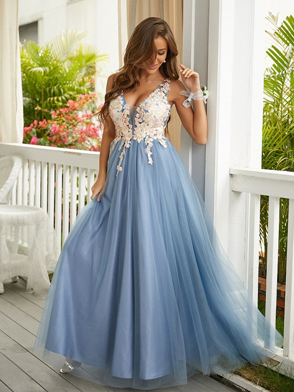 A-Line/Princess Tulle Applique V-neck Sleeveless Floor-Length Dresses Prom Evening Dress