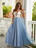 A-Line/Princess Tulle Applique V-neck Sleeveless Floor-Length Dresses Prom Evening Dress