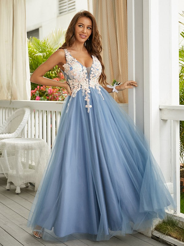 A-Line/Princess Tulle Applique V-neck Sleeveless Floor-Length Dresses Prom Evening Dress