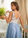 A-Line/Princess Tulle Applique V-neck Sleeveless Floor-Length Dresses Prom Evening Dress