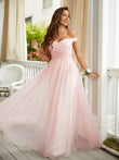 A-Line/Princess Tulle Ruched Off-the-Shoulder Sleeveless Floor-Length Dresses Prom Evening Dress