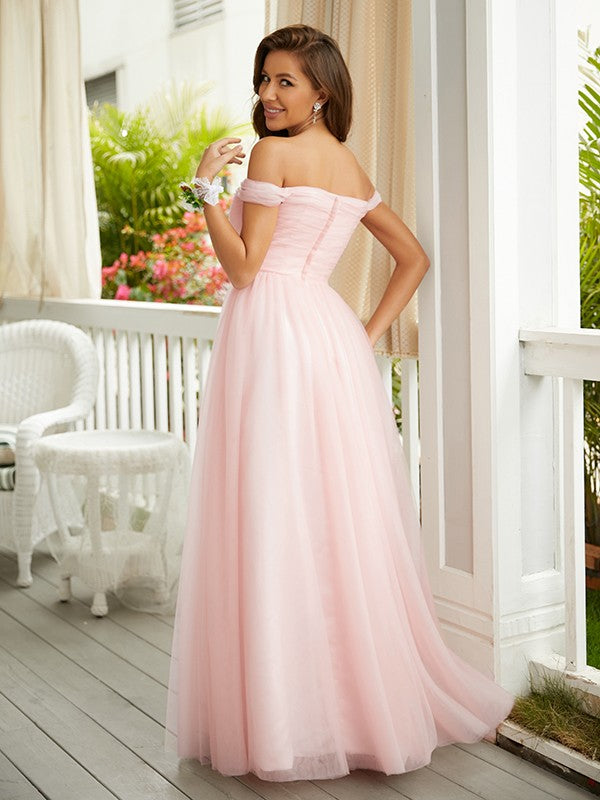 A-Line/Princess Tulle Ruched Off-the-Shoulder Sleeveless Floor-Length Dresses Prom Evening Dress