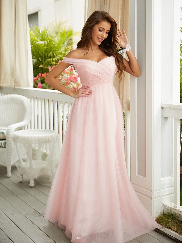 A-Line/Princess Tulle Ruched Off-the-Shoulder Sleeveless Floor-Length Dresses Prom Evening Dress