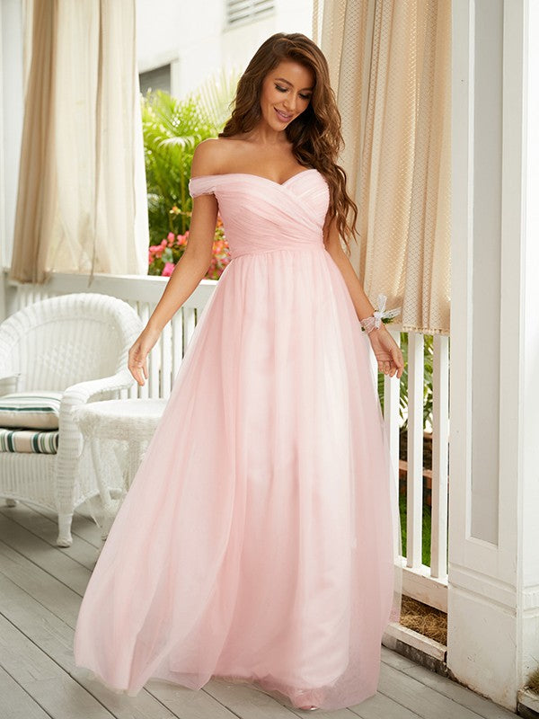 A-Line/Princess Tulle Ruched Off-the-Shoulder Sleeveless Floor-Length Dresses Prom Evening Dress