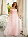 A-Line/Princess Tulle Ruched Off-the-Shoulder Sleeveless Floor-Length Dresses Prom Evening Dress