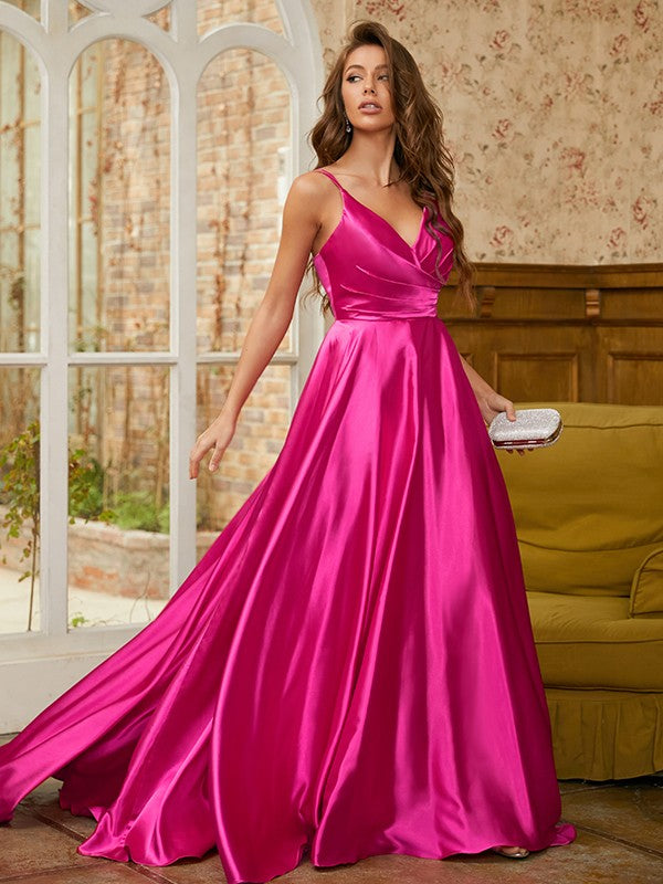 A-Line/Princess Silk like Satin Ruched V-neck Sleeveless Sweep/Brush Train Dresses Prom Evening Dress