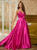 A-Line/Princess Silk like Satin Ruched V-neck Sleeveless Sweep/Brush Train Dresses Prom Evening Dress