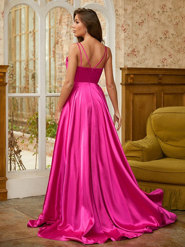 A-Line/Princess Silk like Satin Ruched V-neck Sleeveless Sweep/Brush Train Dresses Prom Evening Dress
