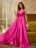 A-Line/Princess Silk like Satin Ruched V-neck Sleeveless Sweep/Brush Train Dresses Prom Evening Dress