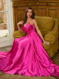 A-Line/Princess Silk like Satin Ruched V-neck Sleeveless Sweep/Brush Train Dresses Prom Evening Dress