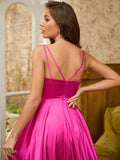A-Line/Princess Silk like Satin Ruched V-neck Sleeveless Sweep/Brush Train Dresses Prom Evening Dress