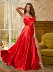 A-Line/Princess Satin Ruffles Spaghetti Straps Sleeveless Sweep/Brush Train Dresses Prom Evening Dress