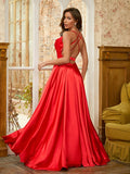 A-Line/Princess Satin Ruffles Spaghetti Straps Sleeveless Sweep/Brush Train Dresses Prom Evening Dress