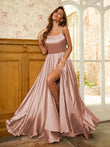 A-Line/Princess Silk like Satin Ruffles Spaghetti Straps Sleeveless Sweep/Brush Train Dresses Prom Evening Dress