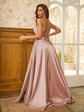 A-Line/Princess Silk like Satin Ruffles Spaghetti Straps Sleeveless Sweep/Brush Train Dresses Prom Evening Dress