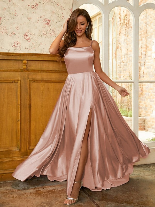 A-Line/Princess Silk like Satin Ruffles Spaghetti Straps Sleeveless Sweep/Brush Train Dresses Prom Evening Dress