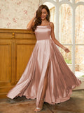 A-Line/Princess Silk like Satin Ruffles Spaghetti Straps Sleeveless Sweep/Brush Train Dresses Prom Evening Dress