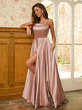 A-Line/Princess Silk like Satin Ruffles Spaghetti Straps Sleeveless Sweep/Brush Train Dresses Prom Evening Dress