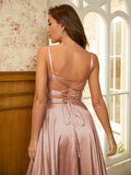 A-Line/Princess Silk like Satin Ruffles Spaghetti Straps Sleeveless Sweep/Brush Train Dresses Prom Evening Dress
