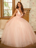 Ballkleid Tüll Rüschen V-Ausschnitt Ärmellos Bodenlang Kleider Abschlussball Abendkleid Ball Quinceanera Kleider