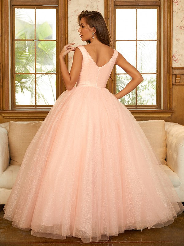 Ballkleid Tüll Rüschen V-Ausschnitt Ärmellos Bodenlang Kleider Abschlussball Abendkleid Ball Quinceanera Kleider