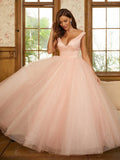 Ballkleid Tüll Rüschen V-Ausschnitt Ärmellos Bodenlang Kleider Abschlussball Abendkleid Ball Quinceanera Kleider