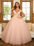 Ballkleid Tüll Rüschen V-Ausschnitt Ärmellos Bodenlang Kleider Abschlussball Abendkleid Ball Quinceanera Kleider