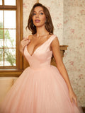 Ballkleid Tüll Rüschen V-Ausschnitt Ärmellos Bodenlang Kleider Abschlussball Abendkleid Ball Quinceanera Kleider