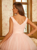 Ballkleid Tüll Rüschen V-Ausschnitt Ärmellos Bodenlang Kleider Abschlussball Abendkleid Ball Quinceanera Kleider
