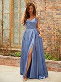 A-Line/Princess Silk Like Satin Ruffles V-neck Sleeveless Floor-Length Dresses Prom Evening Dress