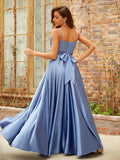 A-Line/Princess Silk Like Satin Ruffles V-neck Sleeveless Floor-Length Dresses Prom Evening Dress