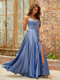 A-Line/Princess Silk Like Satin Ruffles V-neck Sleeveless Floor-Length Dresses Prom Evening Dress