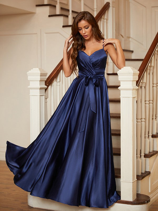 A-Line/Princess Silk like Satin Ruffles V-neck Sleeveless Floor-Length Evening Dresses Prom Dress