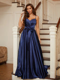 A-Line/Princess Silk like Satin Ruffles V-neck Sleeveless Floor-Length Evening Dresses Prom Dress