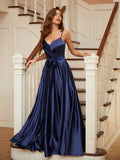 A-Line/Princess Silk like Satin Ruffles V-neck Sleeveless Floor-Length Evening Dresses Prom Dress