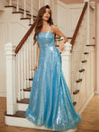 A-Line/Princess Sequins Ruffles Spaghetti Straps Sleeveless Sweep/Brush Train Dresses Prom Evening Dress