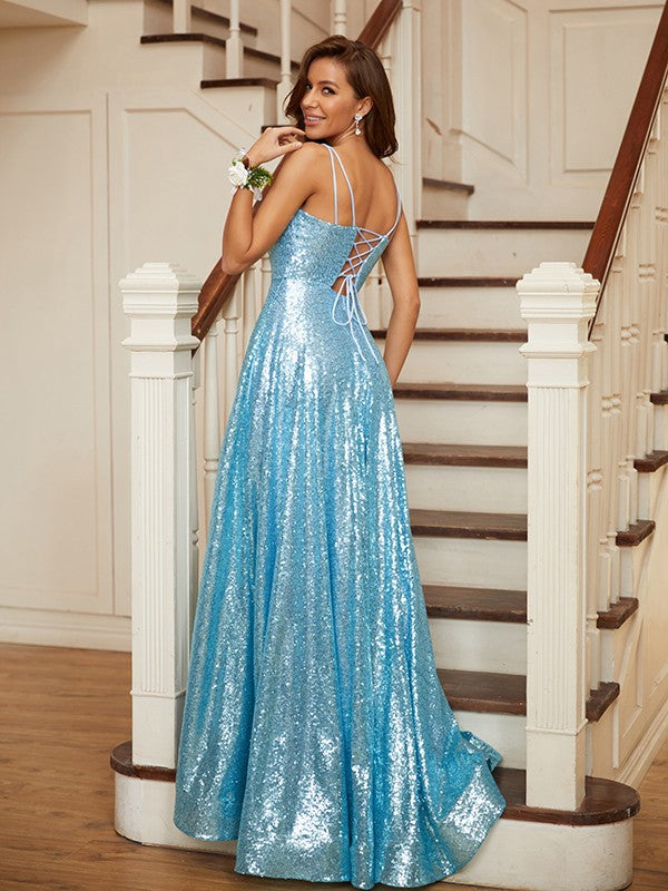 A-Line/Princess Sequins Ruffles Spaghetti Straps Sleeveless Sweep/Brush Train Dresses Prom Evening Dress