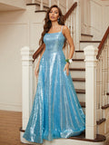 A-Line/Princess Sequins Ruffles Spaghetti Straps Sleeveless Sweep/Brush Train Dresses Prom Evening Dress