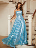 A-Line/Princess Sequins Ruffles Spaghetti Straps Sleeveless Sweep/Brush Train Dresses Prom Evening Dress
