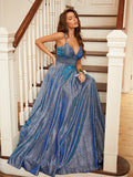 A-Line/Princess Ruffles V-neck Sleeveless Floor-Length Dresses Prom Evening Dress