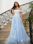 A-Line/Princess Tulle Applique Off-the-Shoulder Sleeveless Sweep/Brush Train Dresses Prom Evening Dress