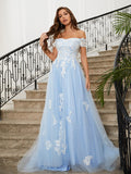 A-Line/Princess Tulle Applique Off-the-Shoulder Sleeveless Sweep/Brush Train Dresses Prom Evening Dress