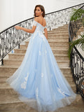 A-Line/Princess Tulle Applique Off-the-Shoulder Sleeveless Sweep/Brush Train Dresses Prom Evening Dress