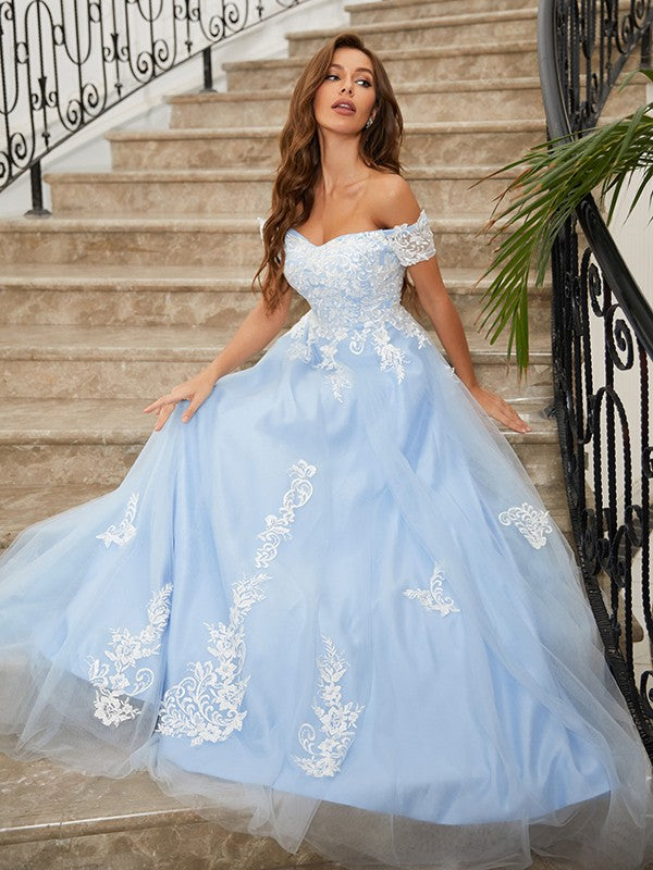 A-Line/Princess Tulle Applique Off-the-Shoulder Sleeveless Sweep/Brush Train Dresses Prom Evening Dress